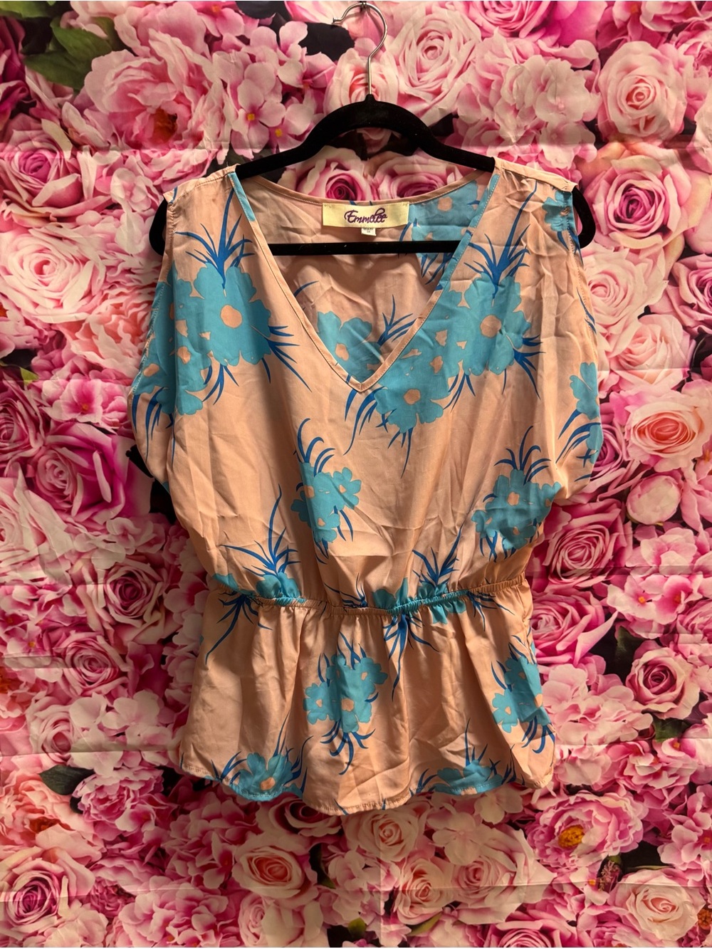 Othr Peach V-Neck Peplum Top with Blue Floral Print